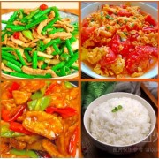 小炒肉丝+番茄鸡蛋+随机素菜+米饭+果汁