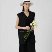 纯棉黑色V领无袖背心女士新款夏季长款宽松衬衣显瘦上衣