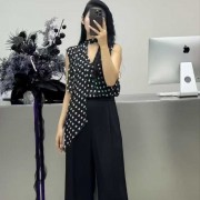 2025新款设计女士上衣黑白花色v领无袖衫搭配黑色长裤