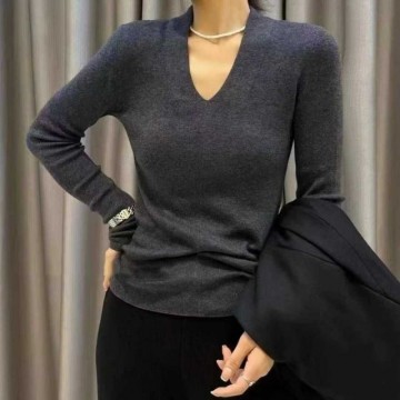 加厚V领打底衫羊毛衫女士内搭修身显瘦长袖上衣